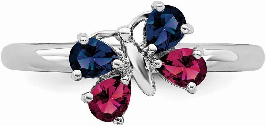 Solid 925 Sterling Silver Stackable Cr Ruby and Cr Sapphire Blue September Gemstone Butterfly Ring Eternity Band