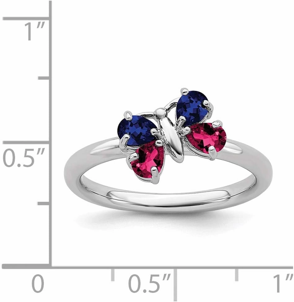 Solid 925 Sterling Silver Stackable Cr Ruby and Cr Sapphire Blue September Gemstone Butterfly Ring Eternity Band