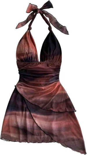 SOLY HUX Women's Sexy Leopard Print Halter V Neck Mini Dress Retro Backless Fitted Bodycon Dresses