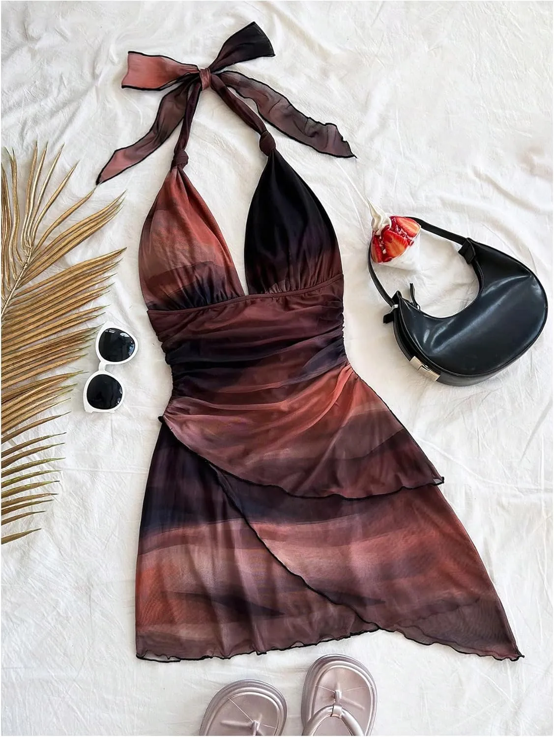 SOLY HUX Women's Sexy Leopard Print Halter V Neck Mini Dress Retro Backless Fitted Bodycon Dresses