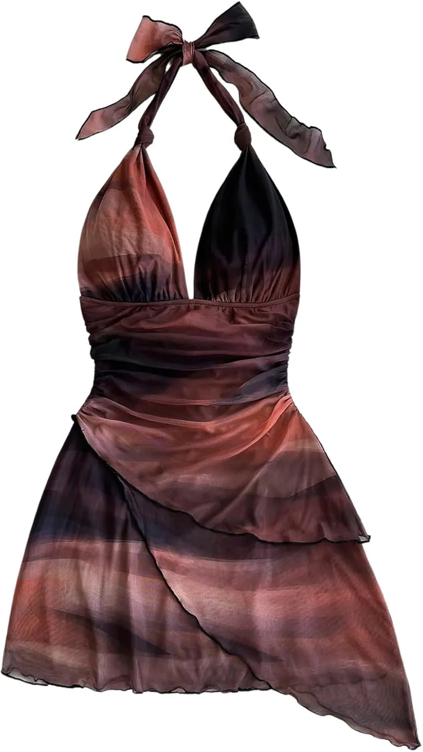 SOLY HUX Women's Sexy Leopard Print Halter V Neck Mini Dress Retro Backless Fitted Bodycon Dresses