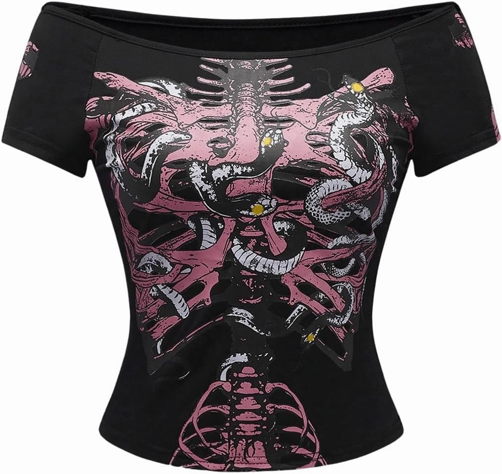 SOLY HUX Women's Goth T Shirts Off Shoulder Short Sleeve Graphic Tees Y2k Tight Fitted Crop Tops