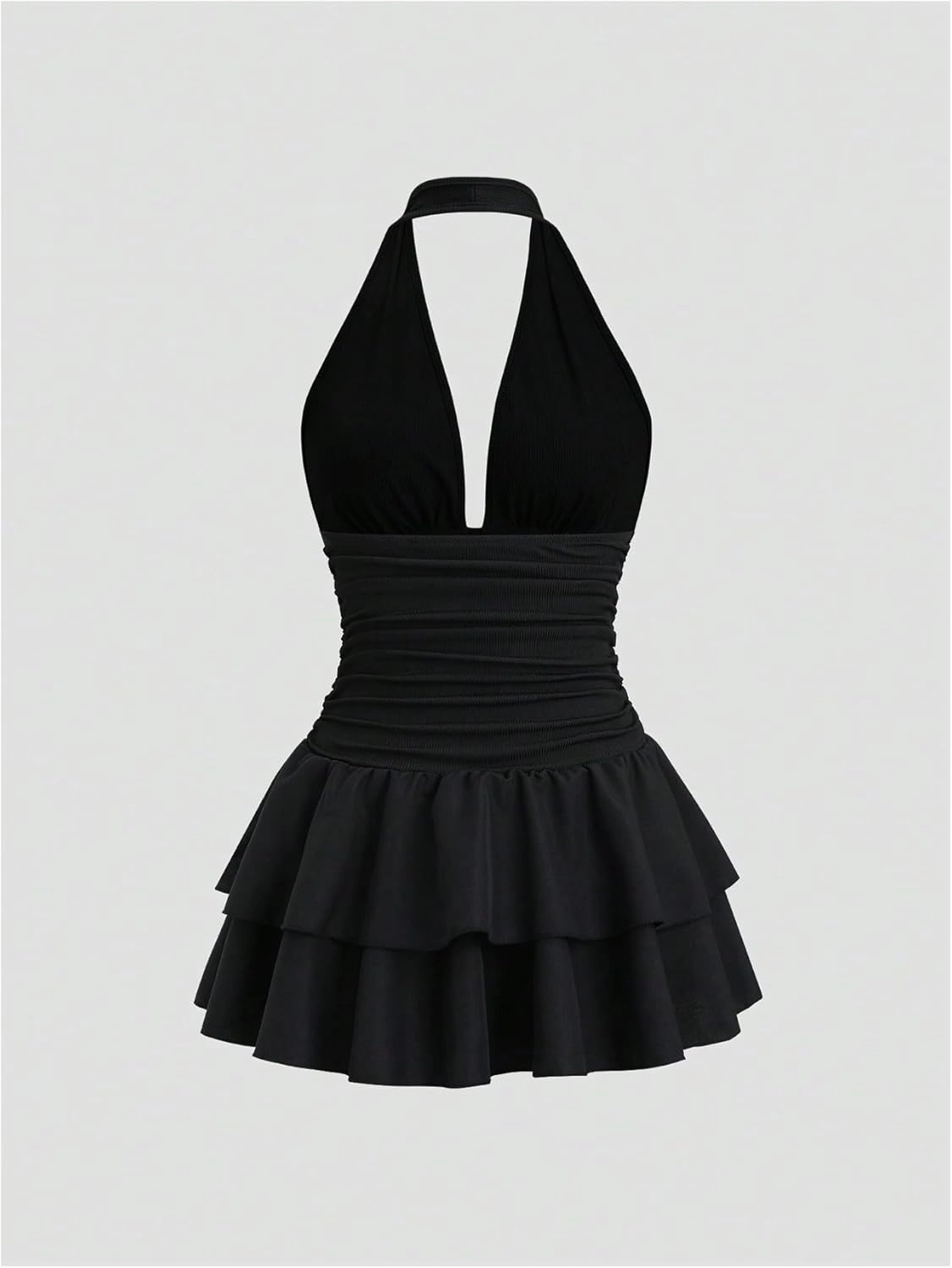 SOLY HUX Women's Halter Deep V Neck Ruffle Mini Dresses Sleeveless Flowy Sundresses Party Clubwear