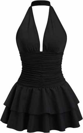 SOLY HUX Women's Halter Deep V Neck Ruffle Mini Dresses Sleeveless Flowy Sundresses Party Clubwear
