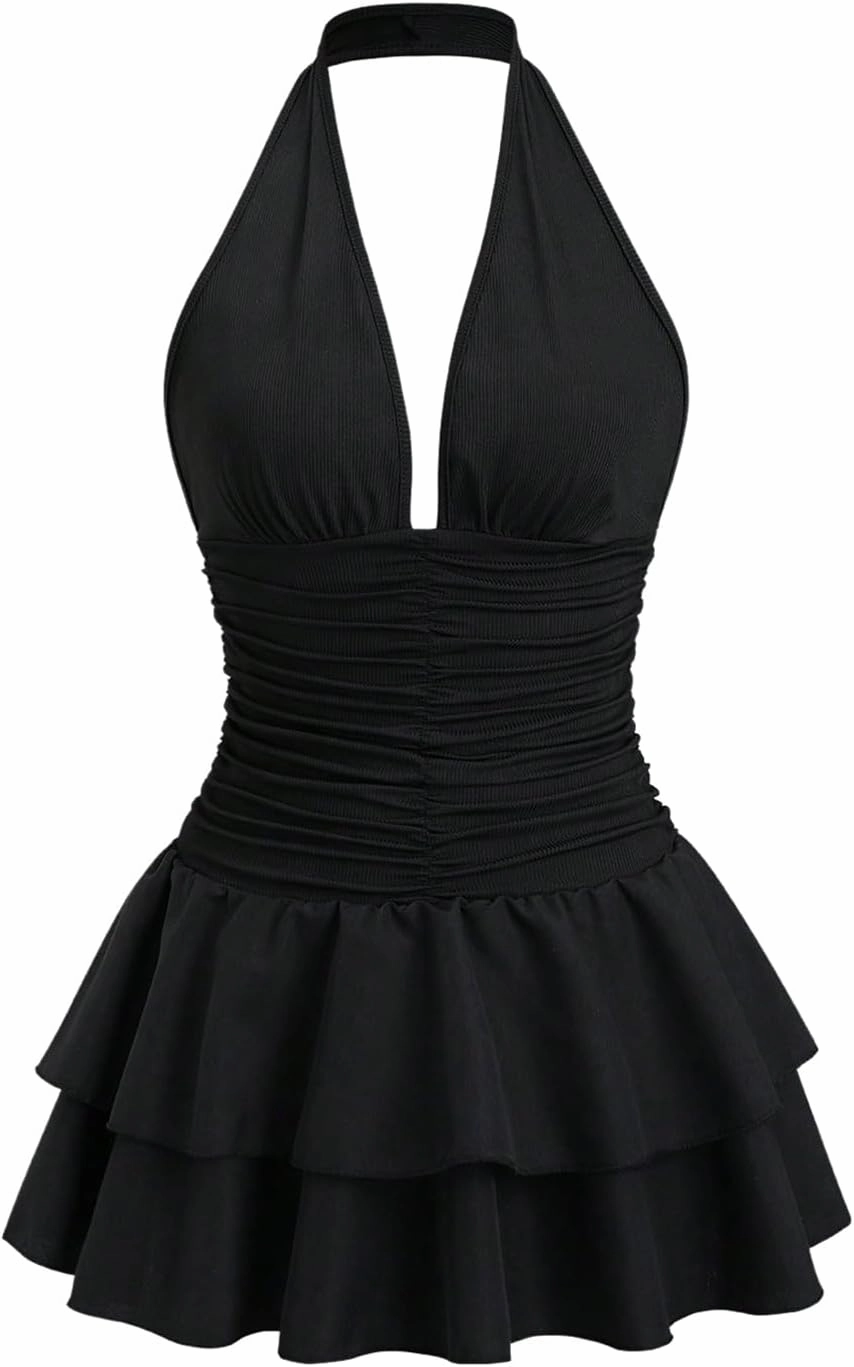 SOLY HUX Women's Halter Deep V Neck Ruffle Mini Dresses Sleeveless Flowy Sundresses Party Clubwear