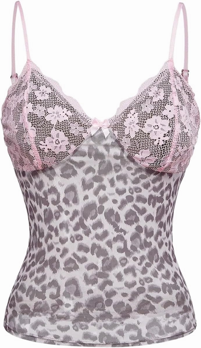 SOLY HUX Women's Lace Camo Print Camisole Tops V Neck Spaghetti Strap Y2k Crop Tops