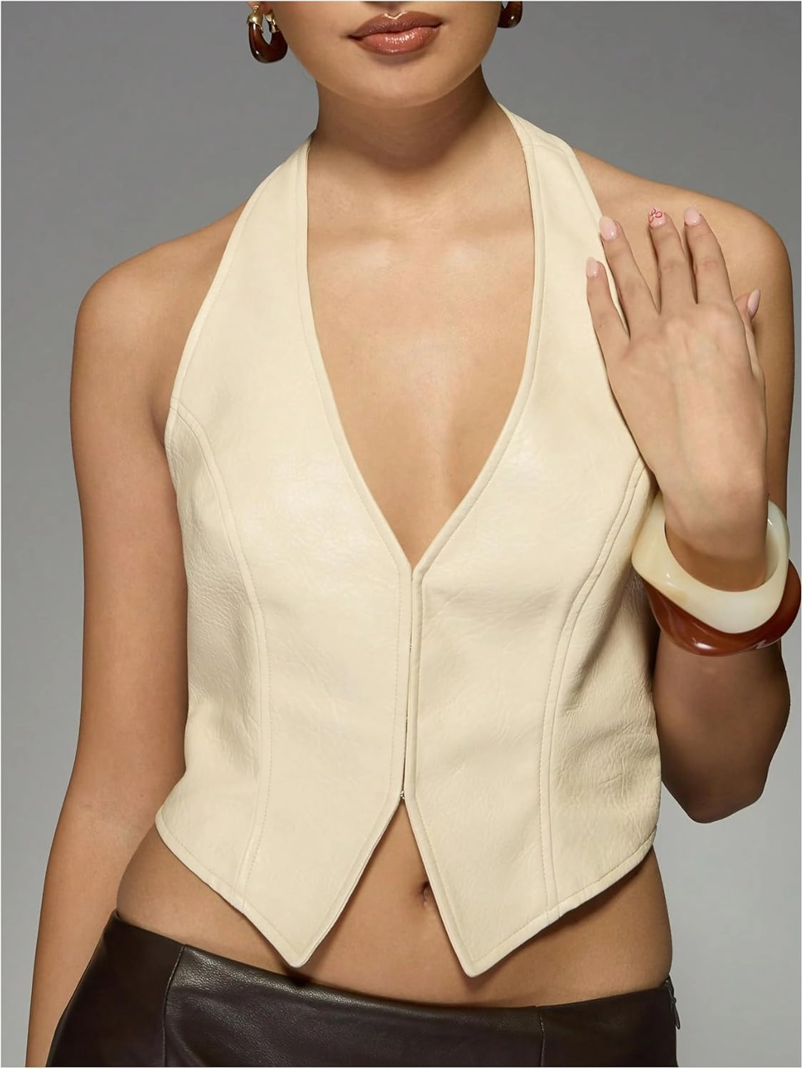 SOLY HUX Women's PU Leather Halter Tank Tops Sexy Deep V Neck Asymmetrical Vest Corset Party Clubwear