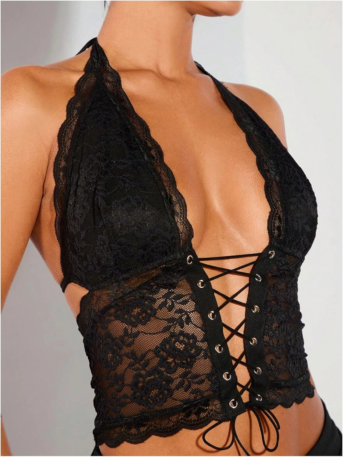 SOLY HUX Women's Sexy Lace Sheer Corset Top Halter Neck Tie Up Backless Crop Tops Party Rave Outfits