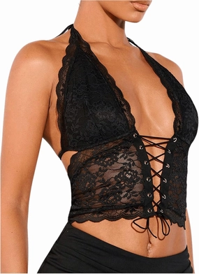 SOLY HUX Women's Sexy Lace Sheer Corset Top Halter Neck Tie Up Backless Crop Tops Party Rave Outfits