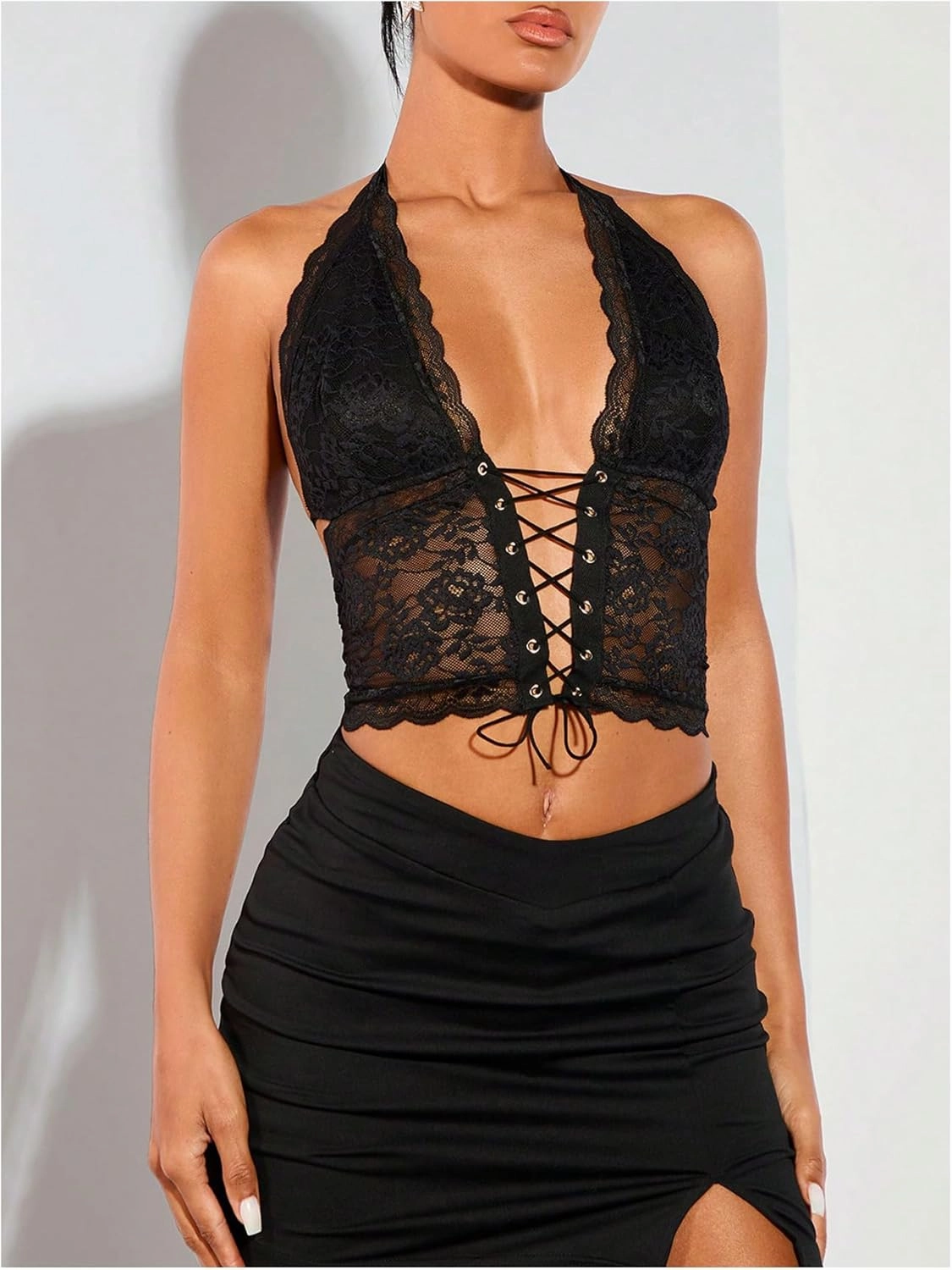 SOLY HUX Women's Sexy Lace Sheer Corset Top Halter Neck Tie Up Backless Crop Tops Party Rave Outfits