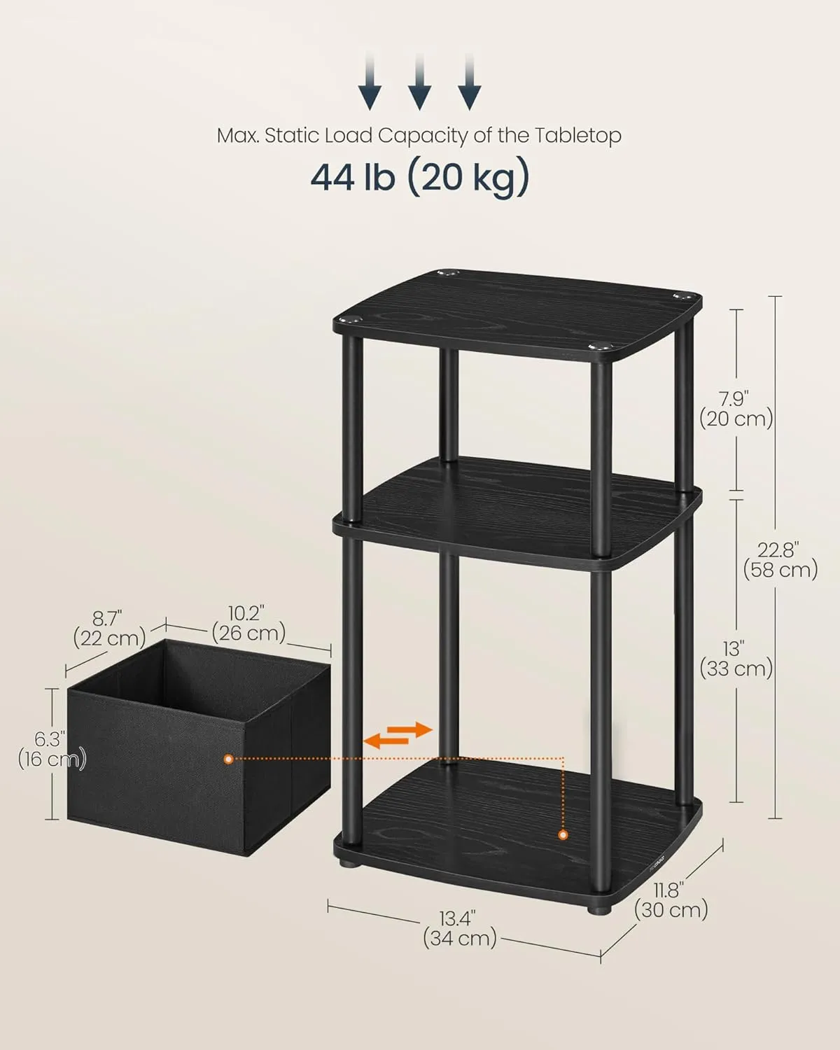 SONGMICS HOME Side Table, 3-Tier Nightstand with Storage, End Table with Fabric Basket, for Bedroom, Living Room, Steel Frame, Superfast Toolless Assembly, Modern, Ebony Black ULET286B01