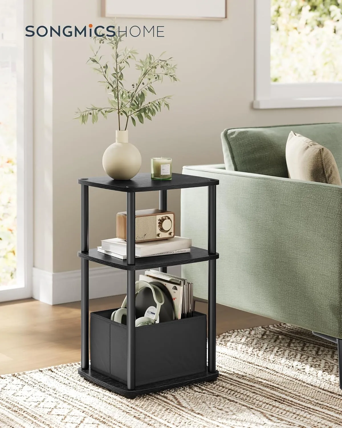 SONGMICS HOME Side Table, 3-Tier Nightstand with Storage, End Table with Fabric Basket, for Bedroom, Living Room, Steel Frame, Superfast Toolless Assembly, Modern, Ebony Black ULET286B01