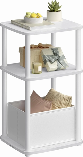 SONGMICS HOME Side Table, 3-Tier Nightstand with Storage, End Table with Fabric Basket, for Bedroom, Living Room, Steel Frame, Superfast Toolless Assembly, Modern, Snow White ULET286W01