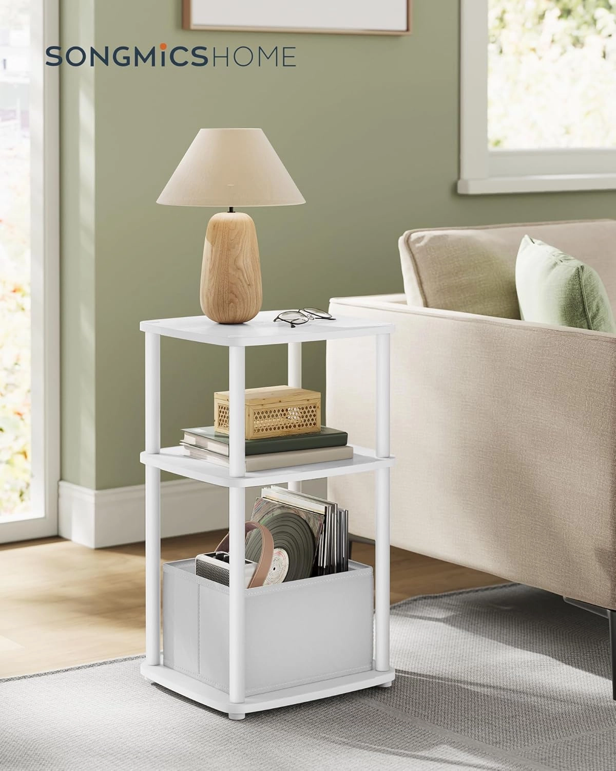 SONGMICS HOME Side Table, 3-Tier Nightstand with Storage, End Table with Fabric Basket, for Bedroom, Living Room, Steel Frame, Superfast Toolless Assembly, Modern, Snow White ULET286W01