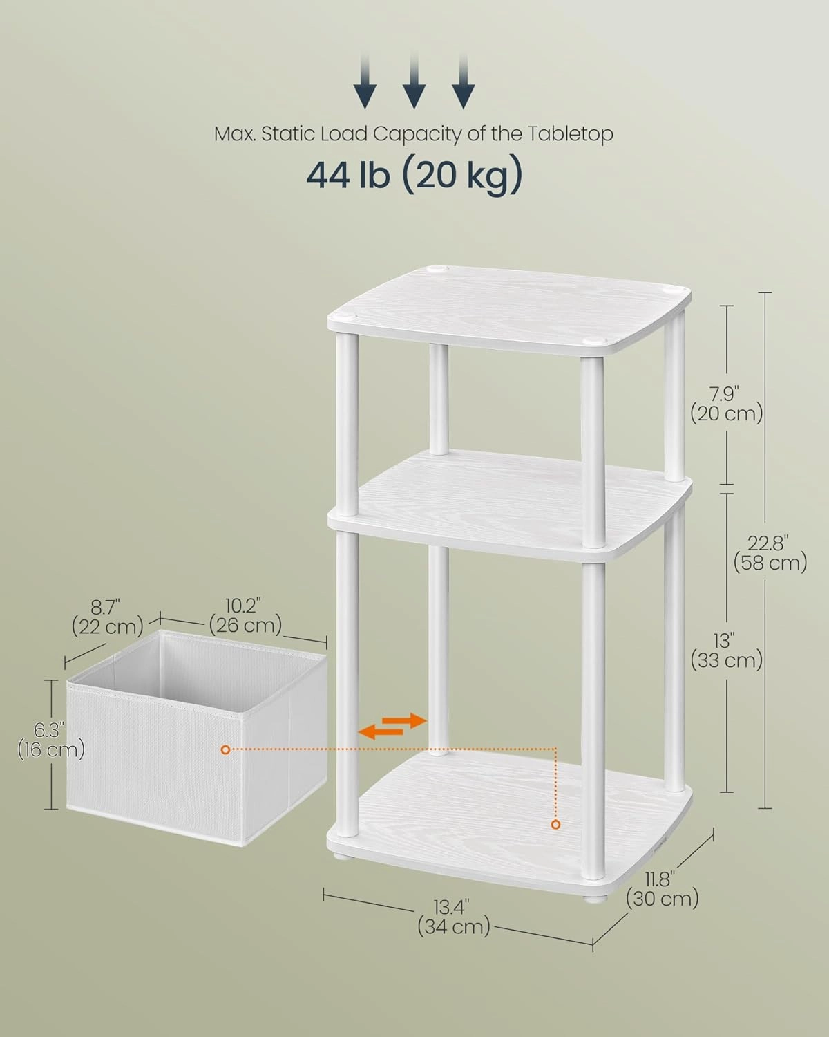 SONGMICS HOME Side Table, 3-Tier Nightstand with Storage, End Table with Fabric Basket, for Bedroom, Living Room, Steel Frame, Superfast Toolless Assembly, Modern, Snow White ULET286W01
