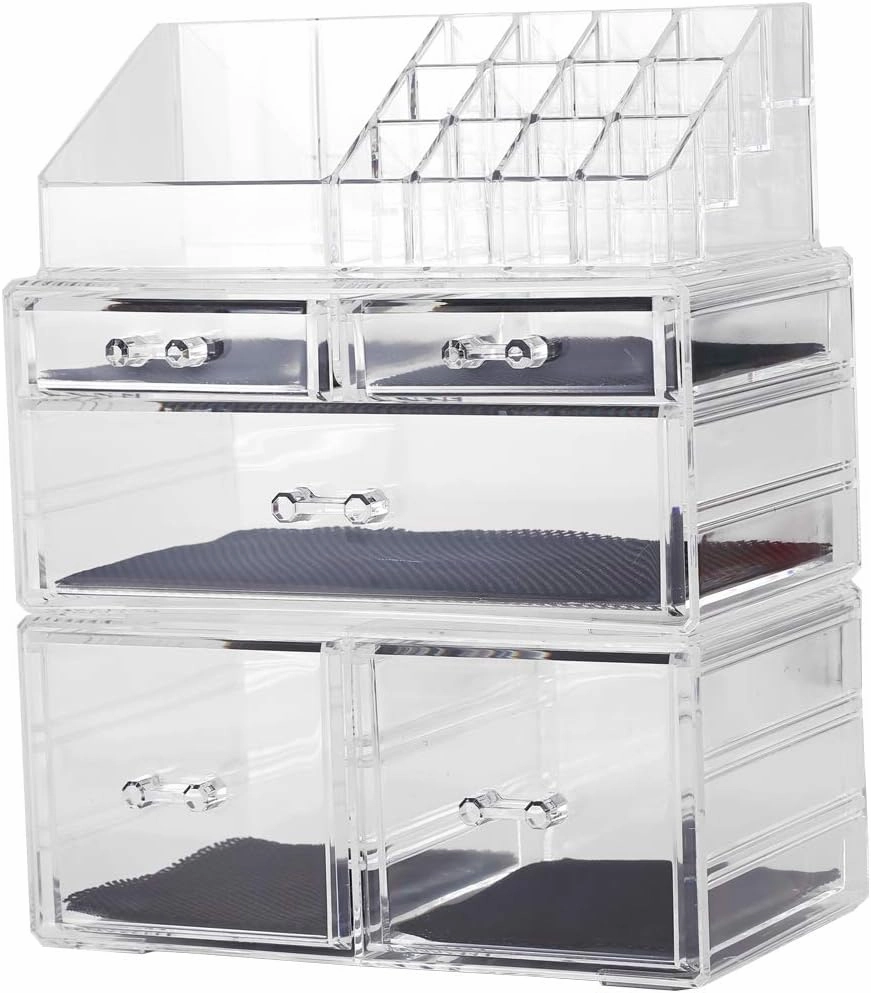 Sooyee Makeup Organizer,Acrylic Cosmetic Organizer Storage Drawers Jewelry and Cosmetic Display Cases Box(5 Drawers 7 Tiers) 3 Pieces Stackable,Clear