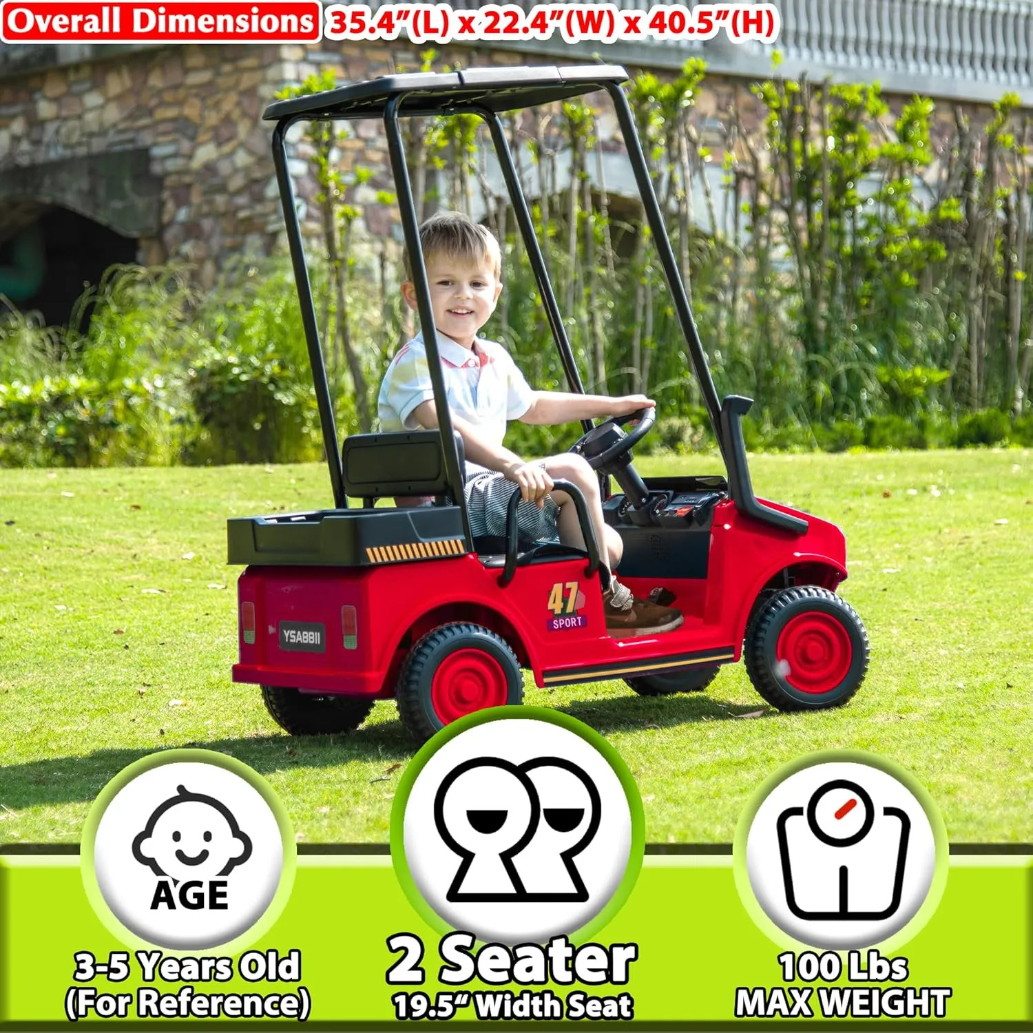 sopbost 2 Seater Ride On Car with Remote Control 2WD 12V Electric Mini Golf Cart for Kids Boys Girls Age 3-5, Bluetooth, Plastic Roof, Rear Storage Box - Red