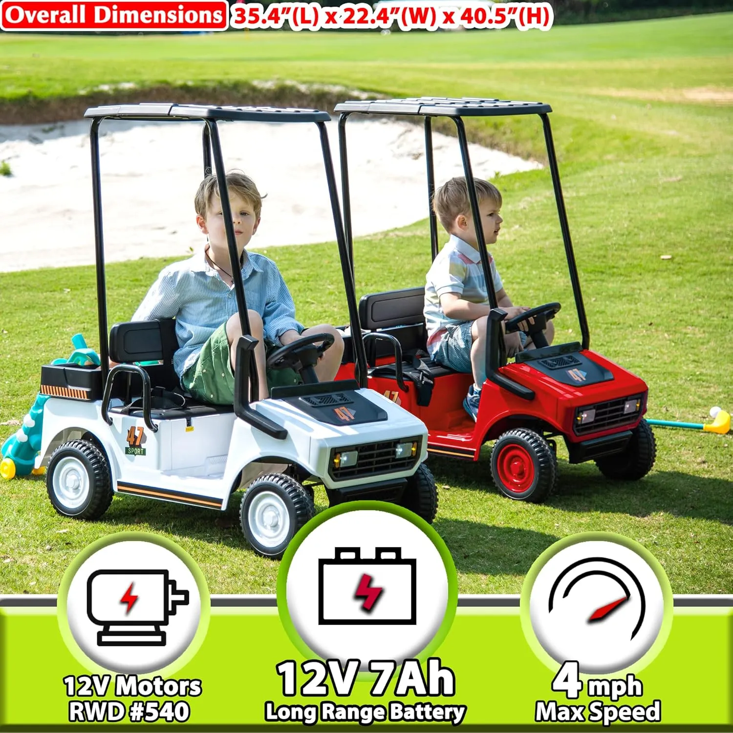 sopbost 2 Seater Ride On Car with Remote Control 2WD 12V Electric Mini Golf Cart for Kids Boys Girls Age 3-5, Bluetooth, Plastic Roof, Rear Storage Box - Red