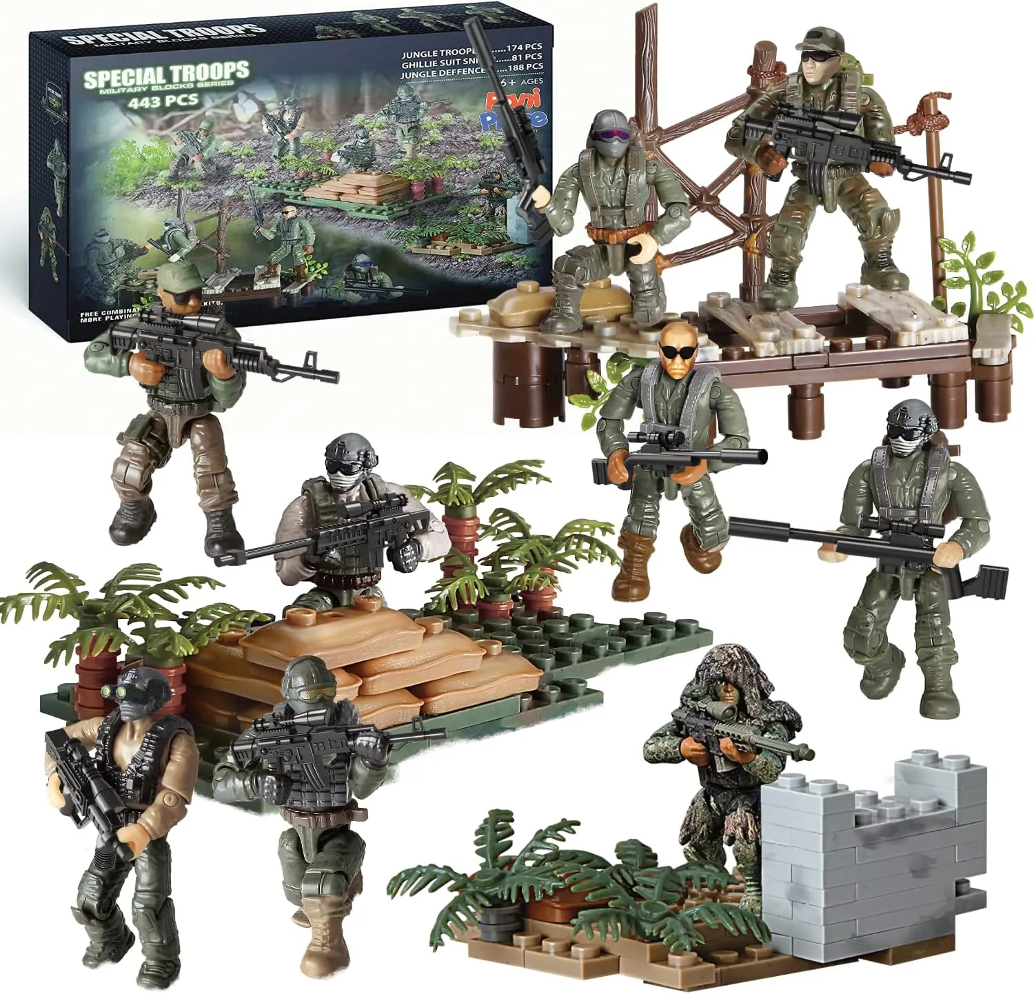 Special Forces US Military Mini Action Figures 3 Army Building Sets 9 soldiers Jungle Troopers Ghillie Suit Sniper Jungle Defence Squad Special Troops Toy10  Kids & Parents Quality Family Time 443 Pcs