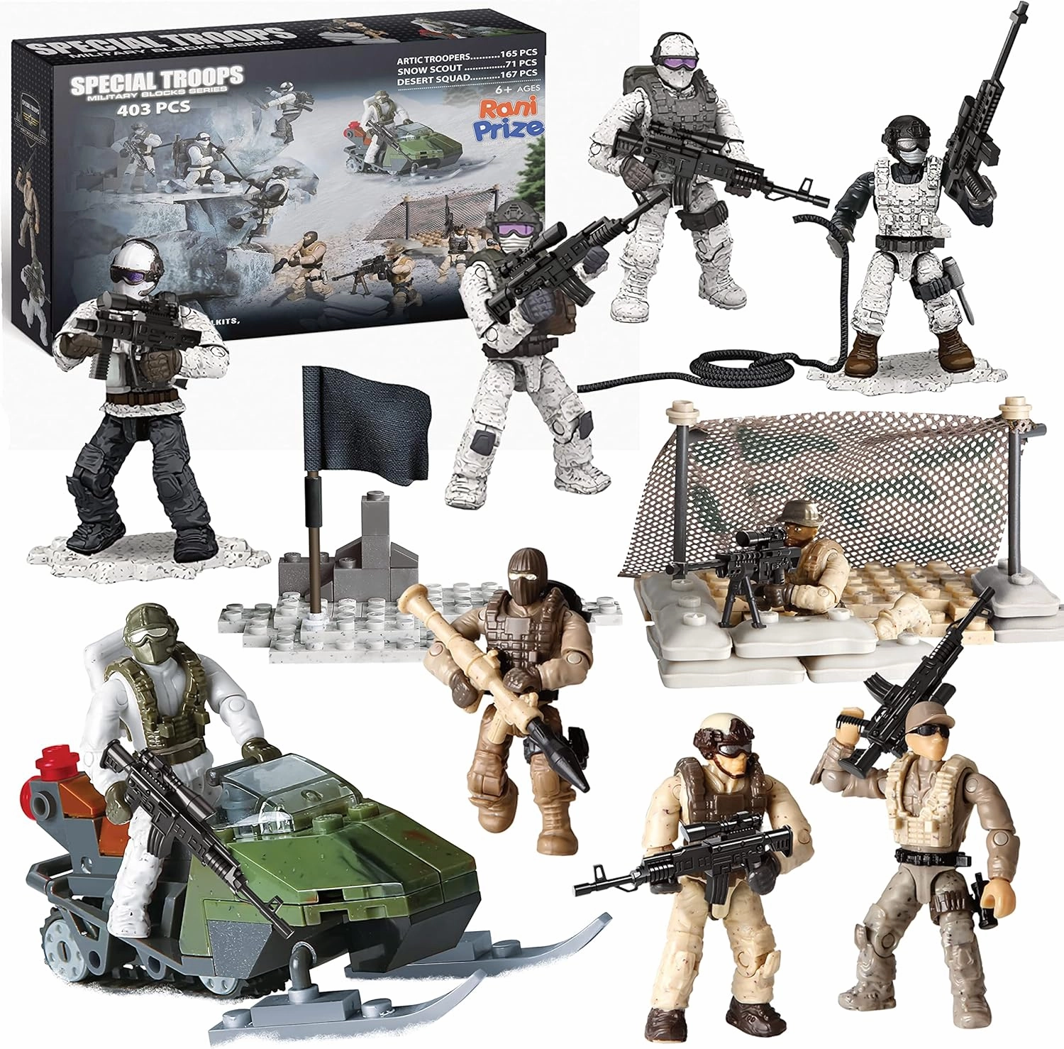 Special Forces Mini Action Figures Includes 3 Army Building Sets with 9 soldiers Arctic Troopers Snowmobile Scout Desert Squad Special Troops Toy Gifts 10  Kids & parents - Quality Family Time 403 Pcs