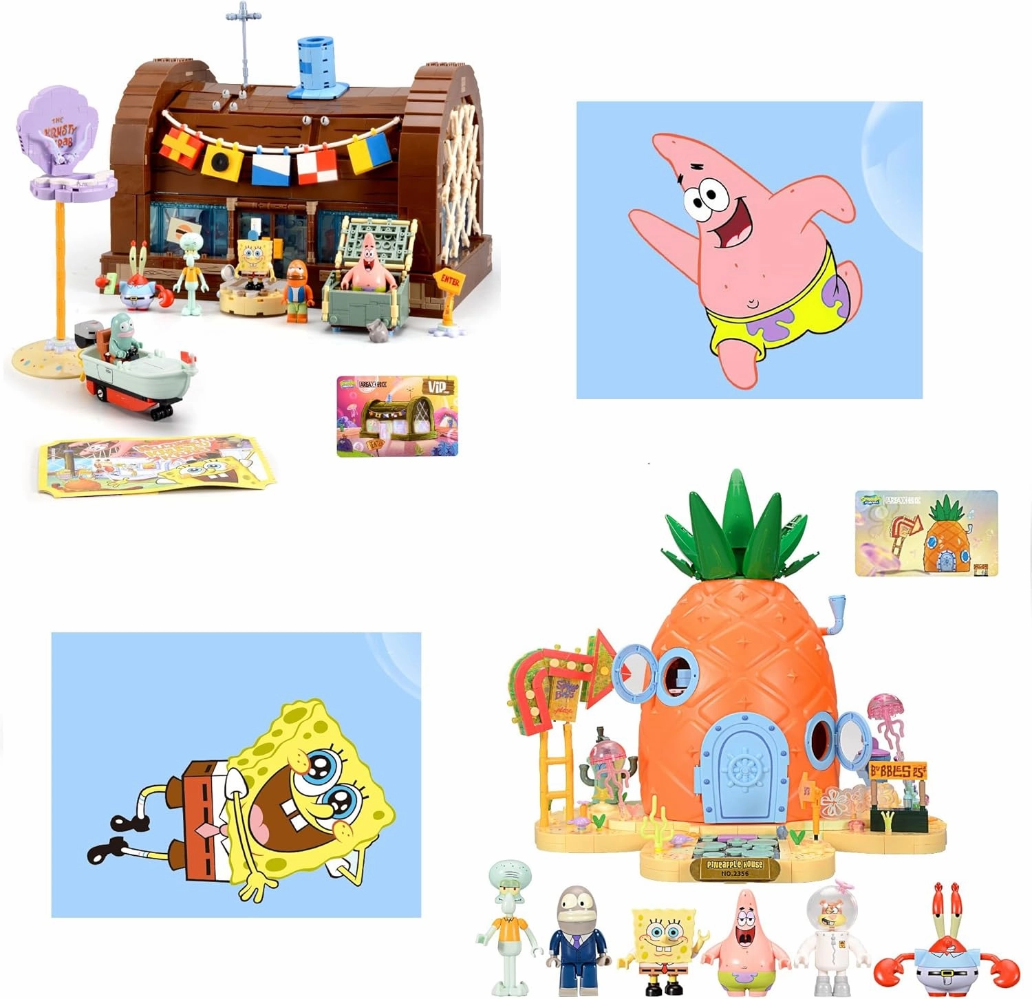Sponge Squarepants Toy Building Brick Blocks Toys Sets Box kit Action Figures Krusty Krab and Pineapple House Patrick Stone Star Home for Creative Boys and Girls Fans Great Gift STEM Bundle