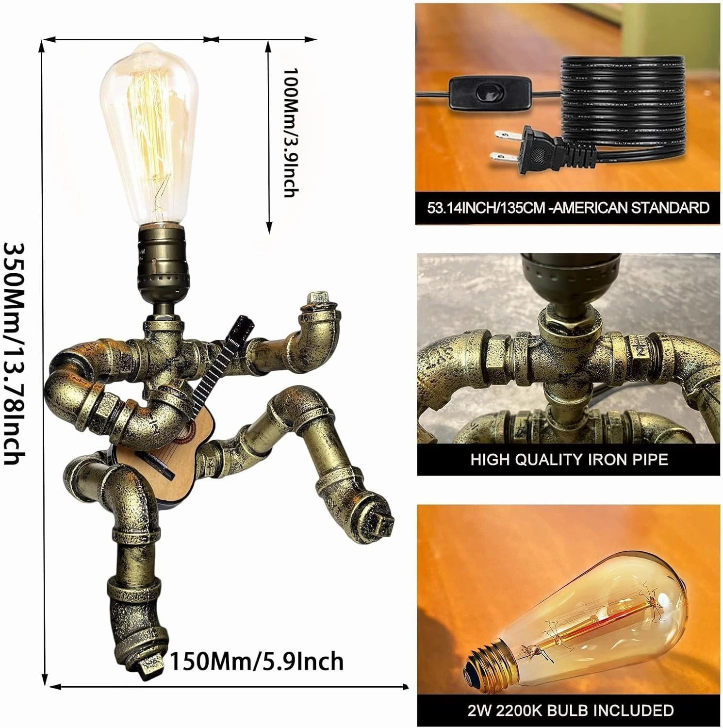 Steampunk Guitar Table Lamp, Retro Industrial Metal Robot Lamp Gifts for Music Lovers (Bronze with Guitar   Lights)