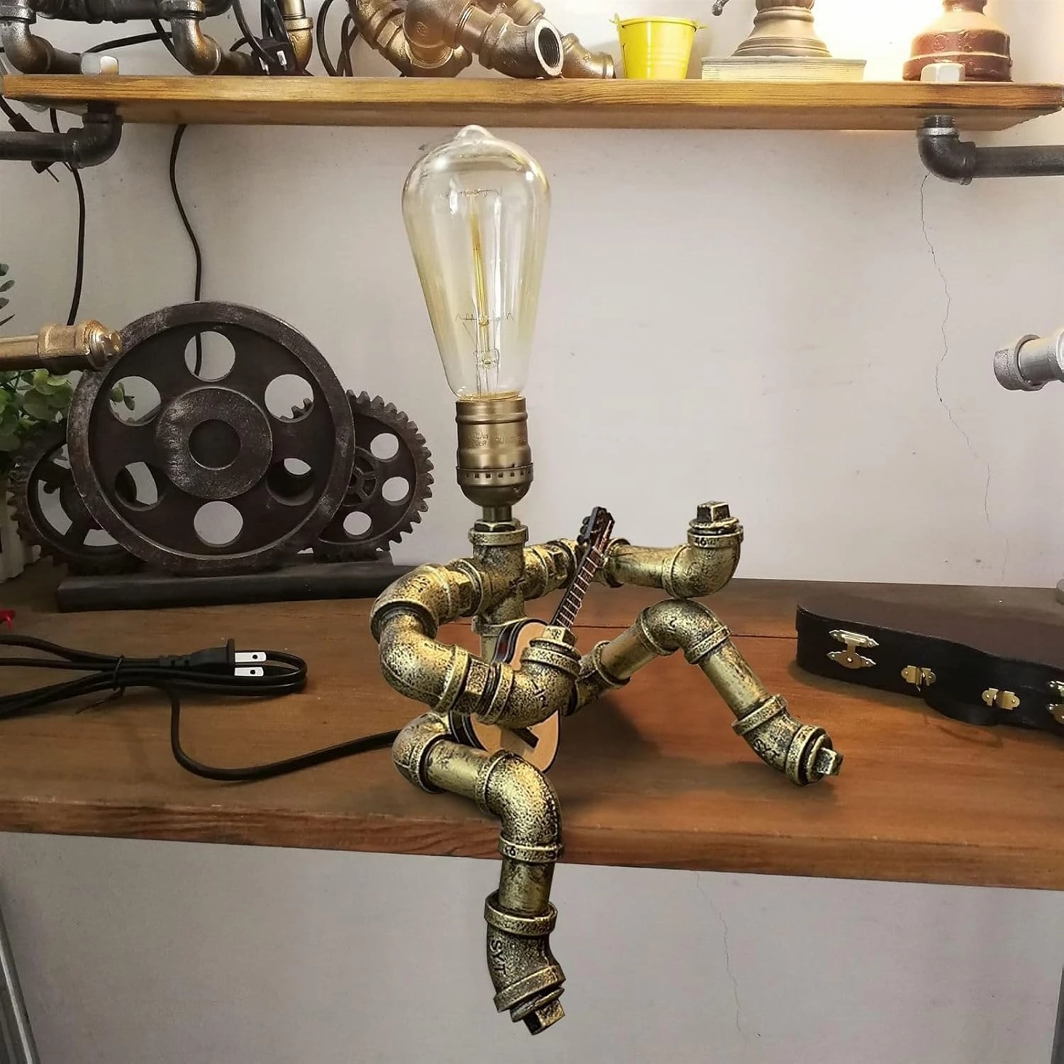Steampunk Guitar Table Lamp, Retro Industrial Metal Robot Lamp Gifts for Music Lovers (Bronze with Guitar   Lights)