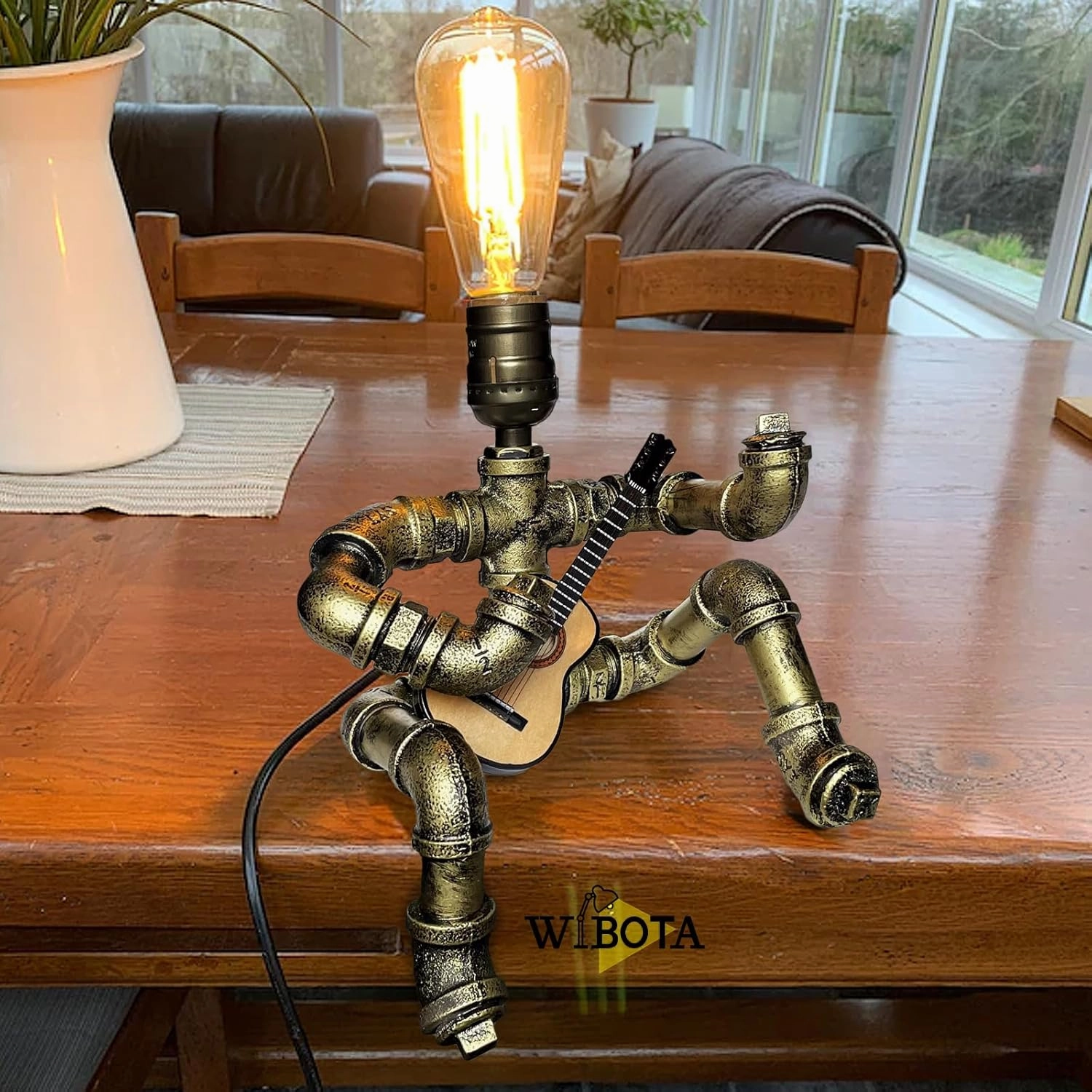 Steampunk Guitar Table Lamp, Retro Industrial Metal Robot Lamp Gifts for Music Lovers (Bronze with Guitar   Lights)
