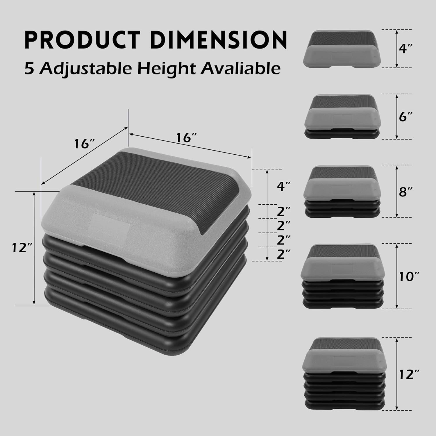Step Aerobic Platform, Exercise Step with 5 levels Adjustable Height, 4 Stackable Risers, Fitness Training Workout Stepper for Home Gym, Cardio Strength, Multiple Options