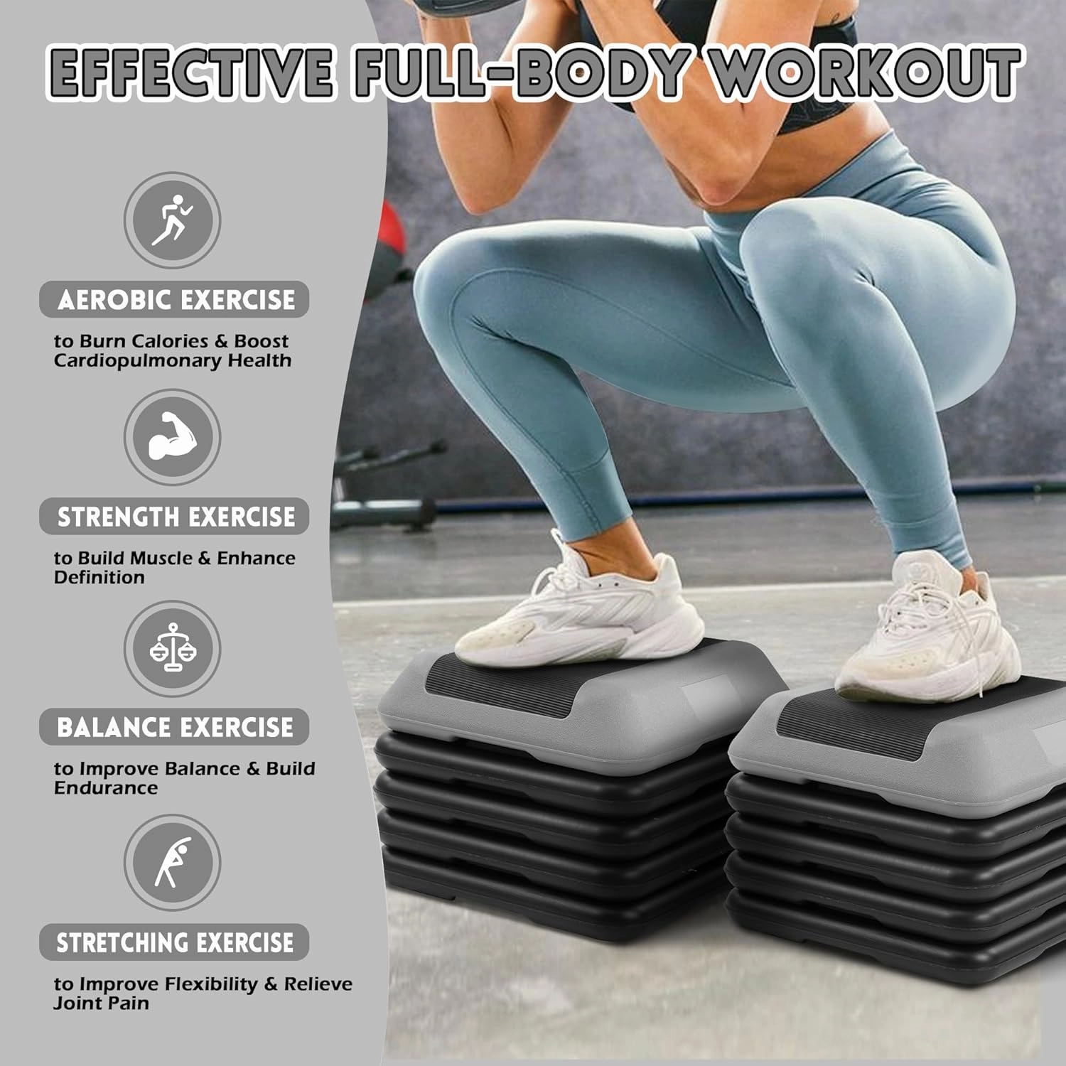 Step Aerobic Platform, Exercise Step with 5 levels Adjustable Height, 4 Stackable Risers, Fitness Training Workout Stepper for Home Gym, Cardio Strength, Multiple Options