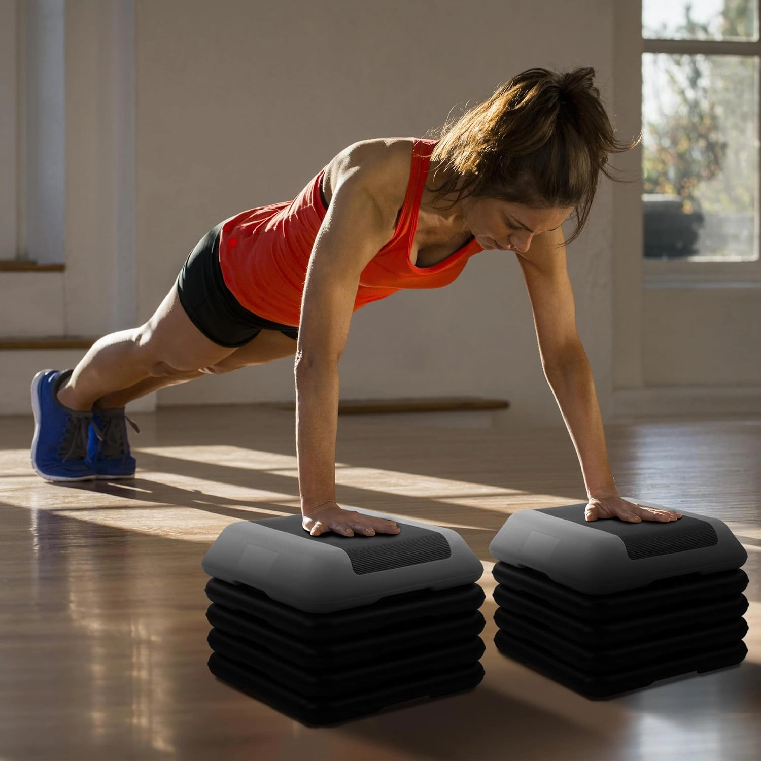 Step Aerobic Platform, Exercise Step with 5 levels Adjustable Height, 4 Stackable Risers, Fitness Training Workout Stepper for Home Gym, Cardio Strength, Multiple Options