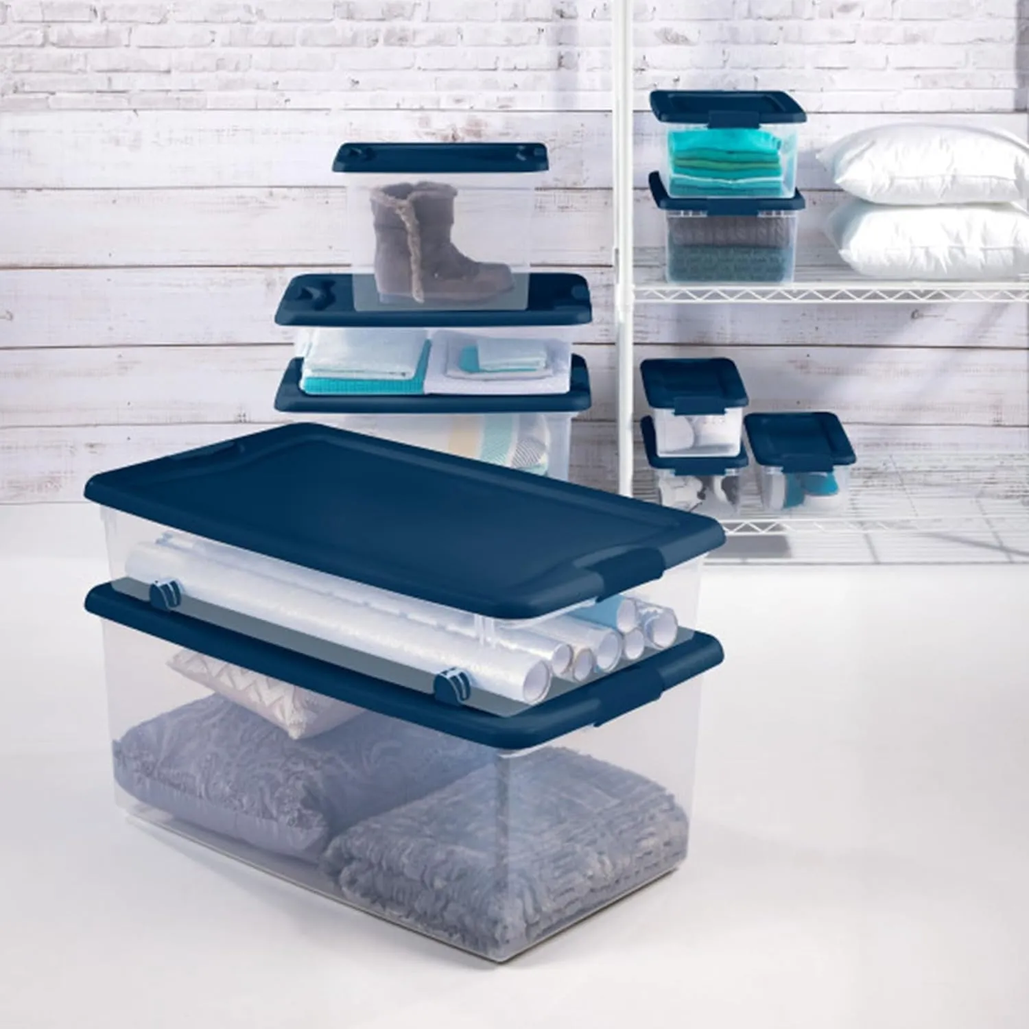 Sterilite 6-Pack Color Program, Large Clear Plastic Storage Bins with Lids, 64 Quart, Blue - Stackable Organizing Container Boxes for Closet, Bathroom, and Office