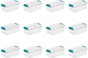 Sterilite 6 Qt Latching Storage Box, Stackable Bin with Latch Lid, Plastic Container to Organize Shoes on Closet Shelf, Clear with White Lid, 12-Pack