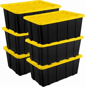 Sterilite 6-Pack Stackable Storage Bins, Heavy Duty Totes w/ Lids, 27 Gallon, Black/Yellow