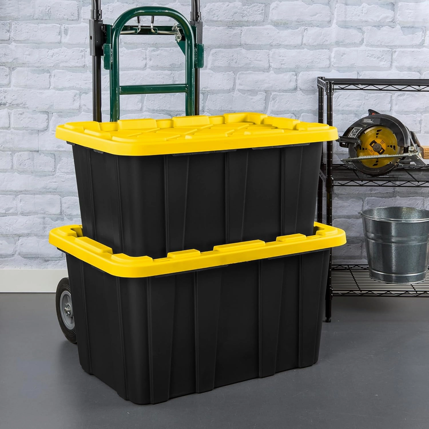 Sterilite 6-Pack Stackable Storage Bins, Heavy Duty Totes w/ Lids, 27 Gallon, Black/Yellow