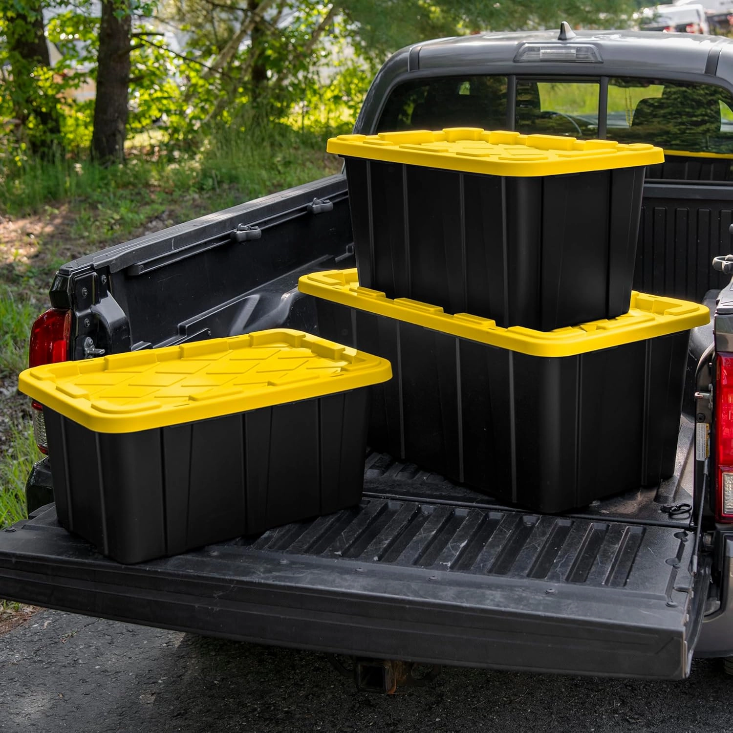 Sterilite 6-Pack Stackable Storage Bins, Heavy Duty Totes w/ Lids, 27 Gallon, Black/Yellow