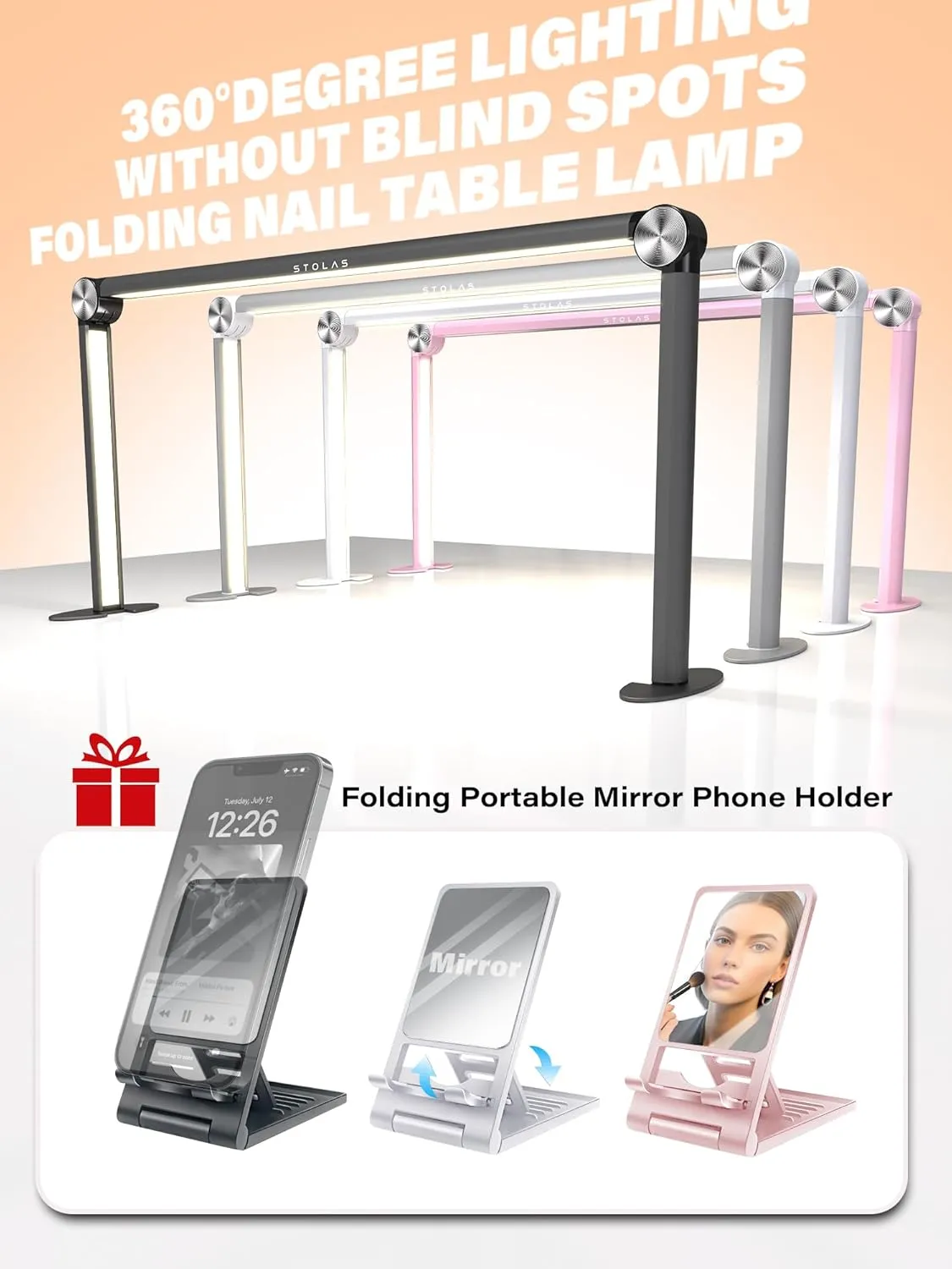 STOLAS Half Moon Light for Nail Desk with Phone Holder, 14 inch Height 3 Modes 3000K-6000K Dimmable LED Light, Desk Lamp for Nail Tech (White)