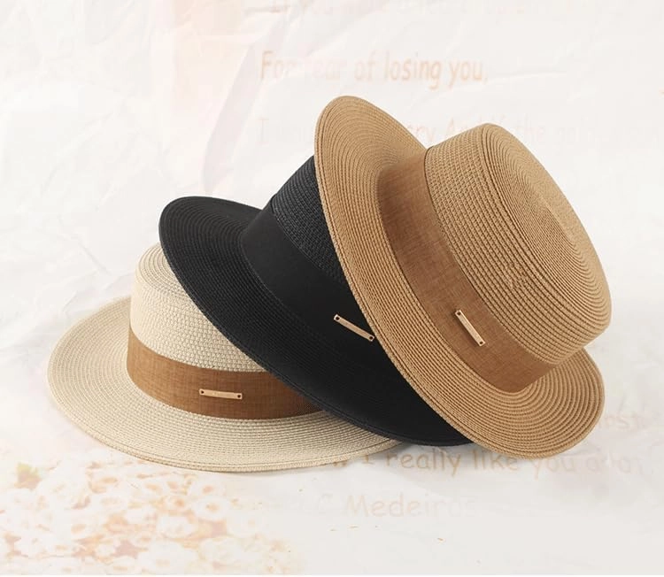 Straw Beach Sun Hat Pork-Pie Boater-Hat for Women Men - Summer Wide Brim Uv-Rays Panama Hat