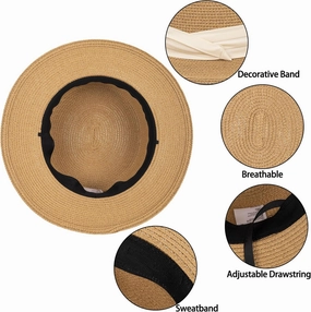Straw Beach Sun Hat Pork-Pie Boater-Hat for Women Men - Summer Wide Brim Uv-Rays Panama Hat