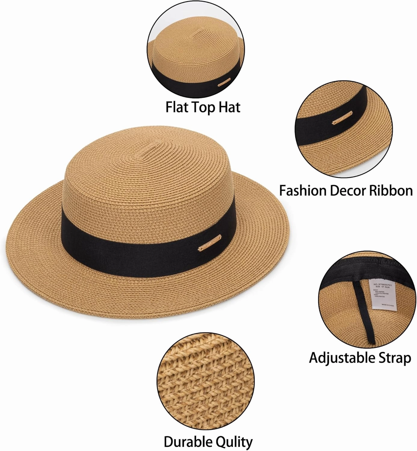 Straw Beach Sun Hat Pork-Pie Boater-Hat for Women Men - Summer Wide Brim Uv-Rays Panama Hat