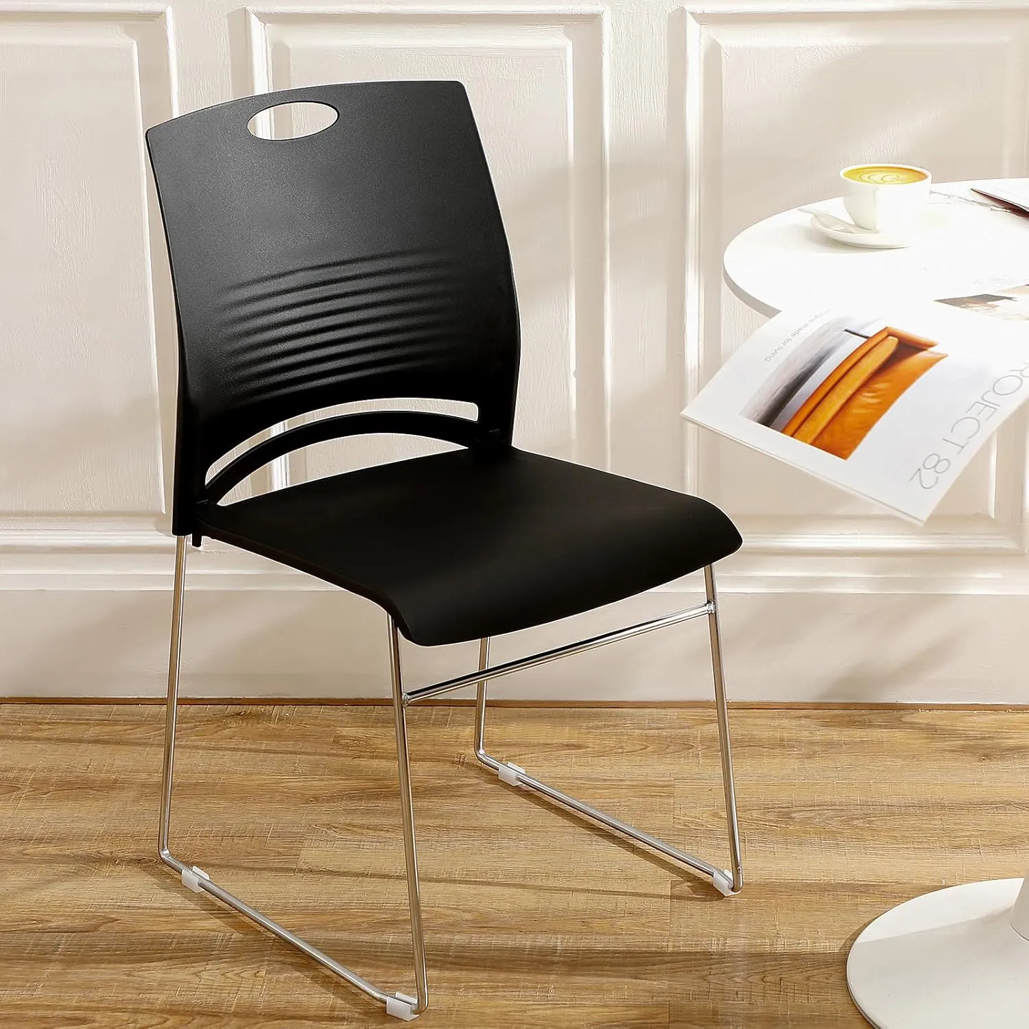 Suzile 4 Pack Stackable Waiting Room Chairs Stacking Church Guest Plastic Chairs with Sled Base for Conference Room Office Reception Dining Table Lobby Hospital Wedding Hotel (Black)