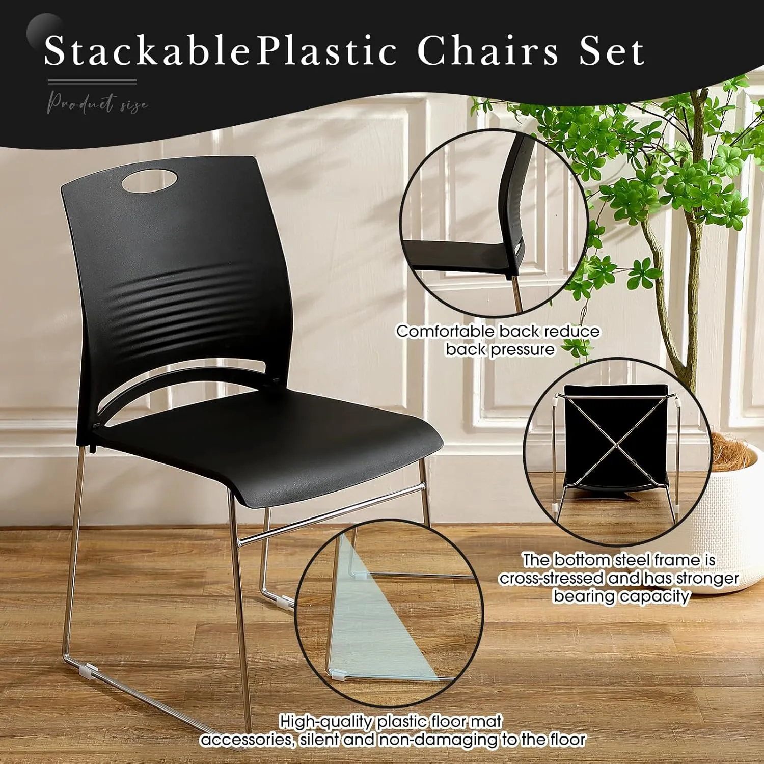 Suzile 4 Pack Stackable Waiting Room Chairs Stacking Church Guest Plastic Chairs with Sled Base for Conference Room Office Reception Dining Table Lobby Hospital Wedding Hotel (Black)