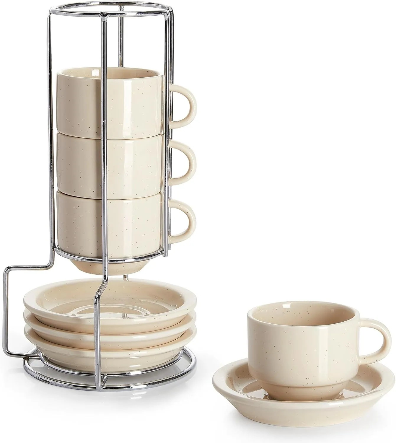 Sweese 2.5 Ounce Porcelain Stackable Espresso Cups with Saucers and Metal Stand Set of 4, Beige