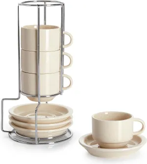 Sweese 2.5 Ounce Porcelain Stackable Espresso Cups with Saucers and Metal Stand Set of 4, Beige