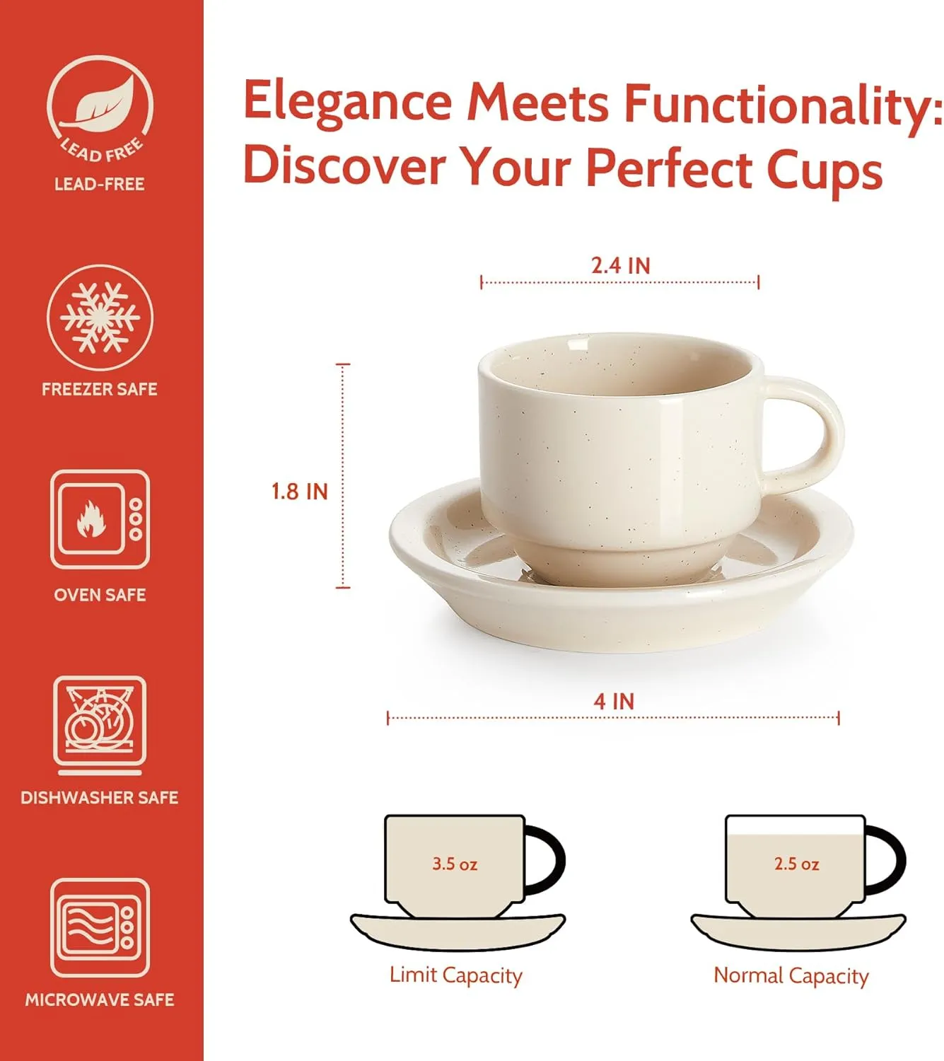 Sweese 2.5 Ounce Porcelain Stackable Espresso Cups with Saucers and Metal Stand Set of 4, Beige