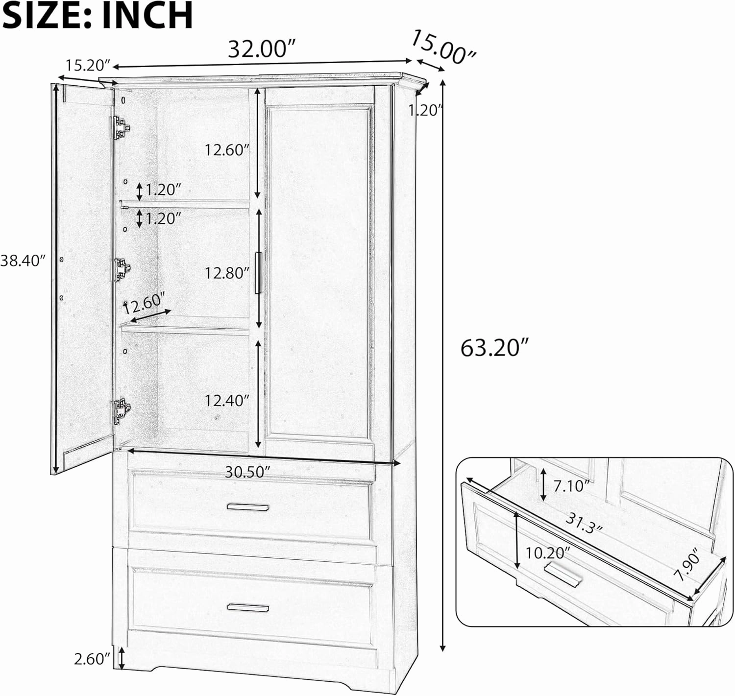 Tall Bathroom & Kitchen Pantry Storage Cabinet, Tall Cabinet Organizers with Doors and Drawers,Tall Cabinet for Bathroom, Living Room (White)