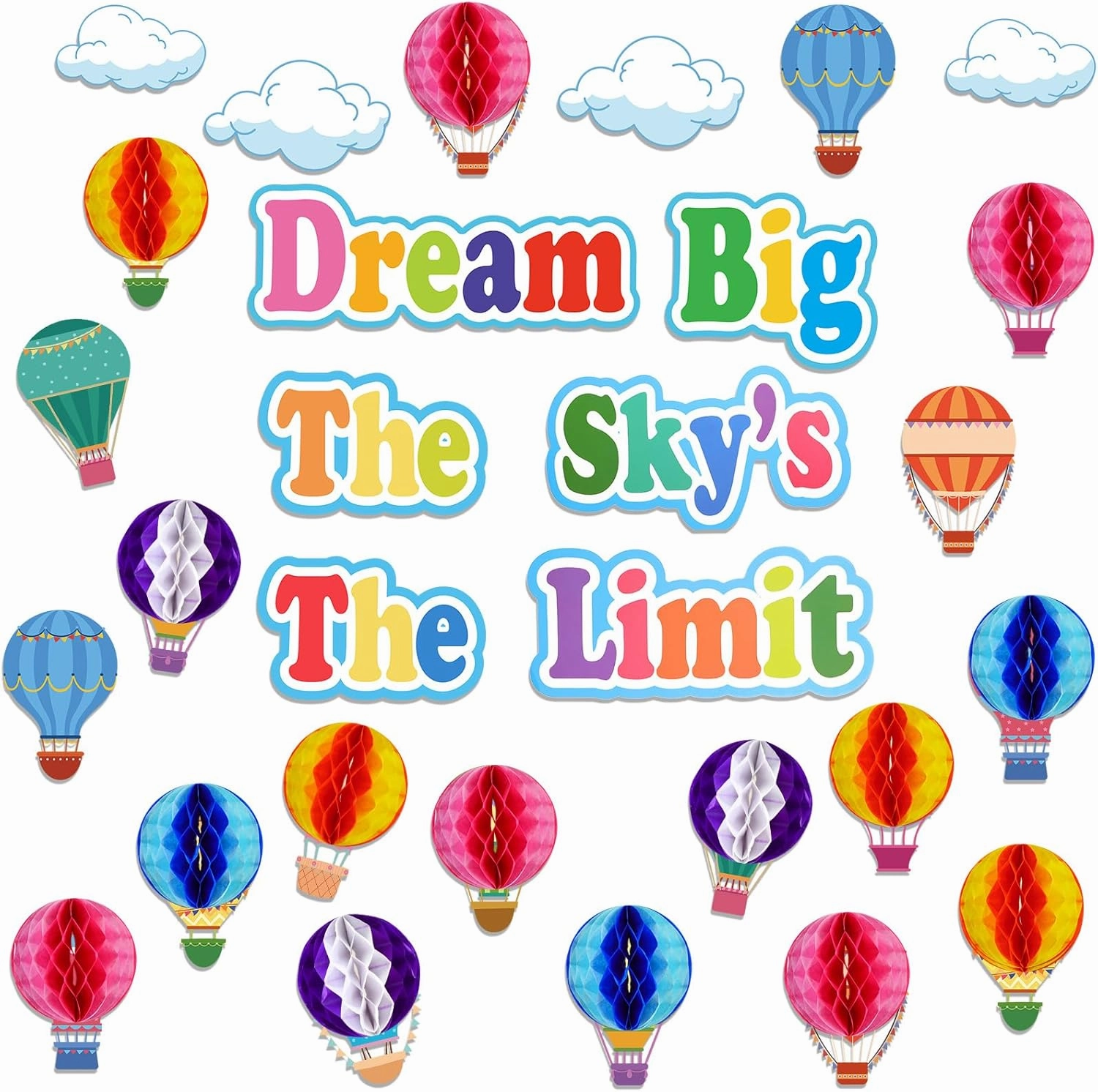 TaoBary 84 Pcs 3D Hot Air Balloon Honeycomb Bulletin Board Set Caterpillars Balloon Bulletin Board Cutouts Honeycomb Apple Popcorn Classroom Bulletin Board Decoration for School (Globo Encantador)
