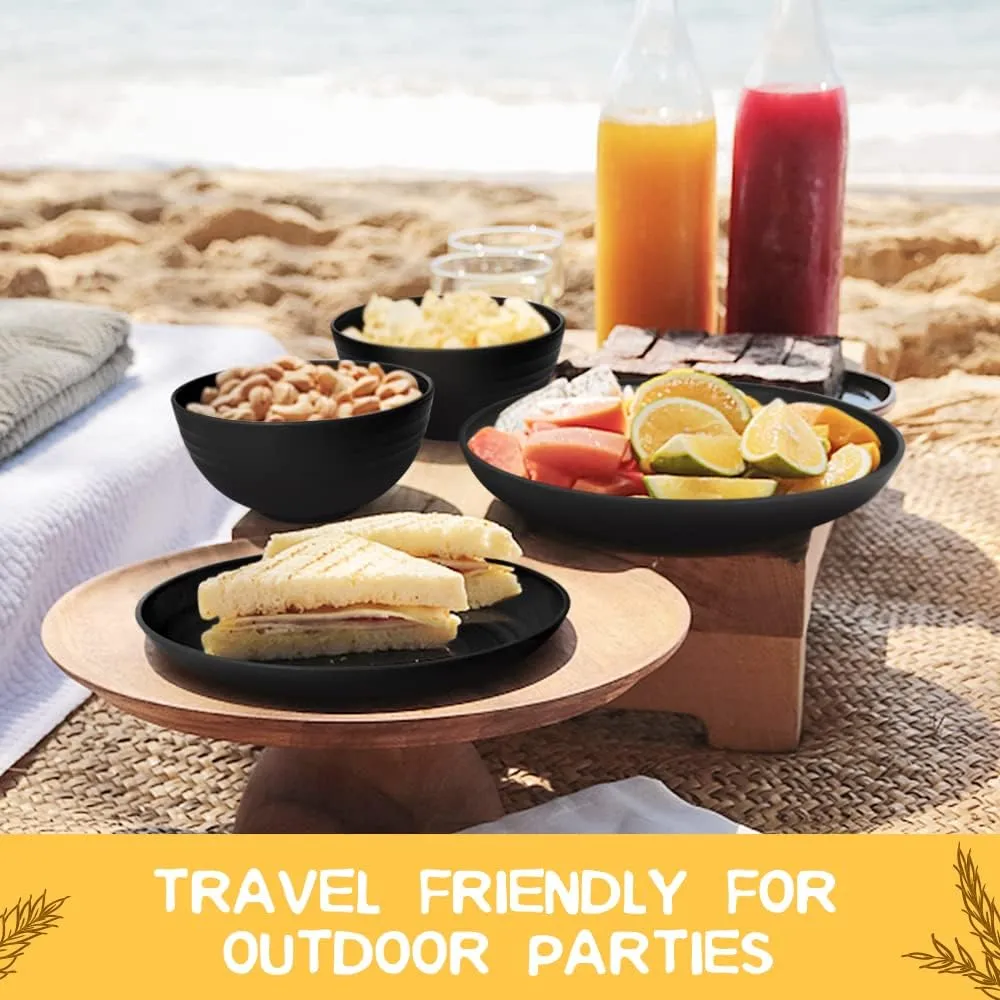 Teivio 16-Piece Kitchen Plastic Wheat Straw Dinnerware Set, Service for 4, Dinner Plates, Dessert Plate, Cereal Bowls, Cups, Unbreakable Plastic Outdoor Camping Dishes, Black Matte