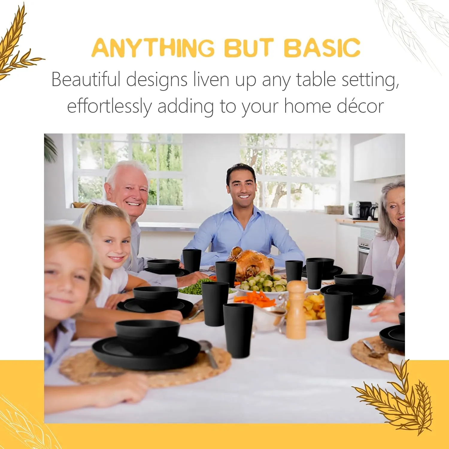 Teivio 16-Piece Kitchen Plastic Wheat Straw Dinnerware Set, Service for 4, Dinner Plates, Dessert Plate, Cereal Bowls, Cups, Unbreakable Plastic Outdoor Camping Dishes, Black Matte