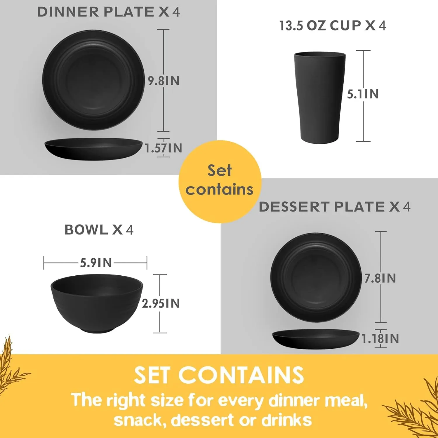 Teivio 16-Piece Kitchen Plastic Wheat Straw Dinnerware Set, Service for 4, Dinner Plates, Dessert Plate, Cereal Bowls, Cups, Unbreakable Plastic Outdoor Camping Dishes, Black Matte